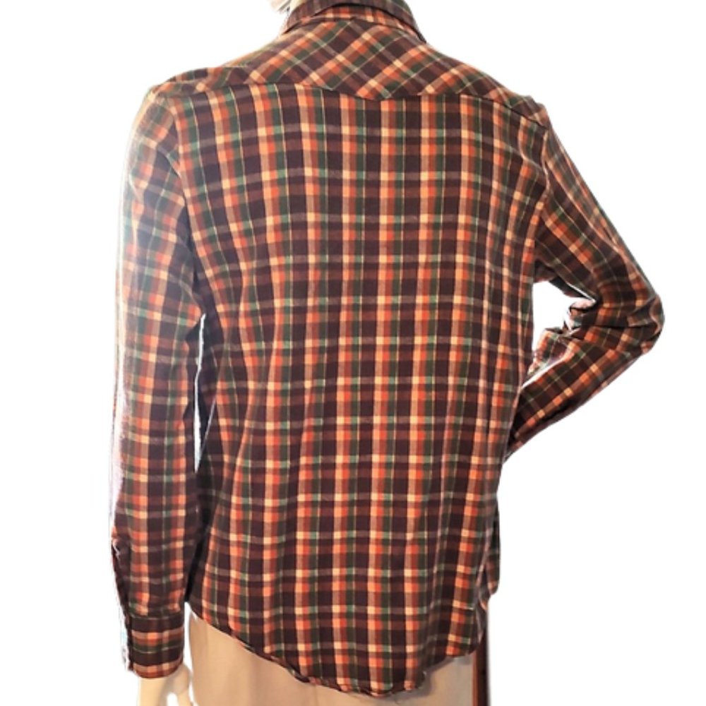 1970s True Vintage Brown Plaid Western Cotton Flannel Shirt Top With Pearl Snaps - Picture 3 of 5